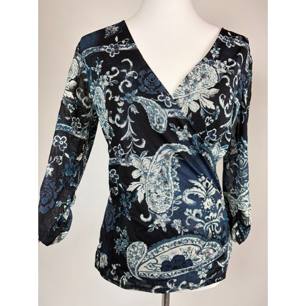 Worthington Fairy Mesh Faux Wrap Paisley Floral Top M 3/4 Sleeve Y2K Grunge Boho